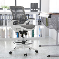 Flash Furniture BL-LB-8801X-D-GR-WH-GG Mid-Back Transparent Gray Mesh Drafting Chair with White Frame and Flip-Up Arms